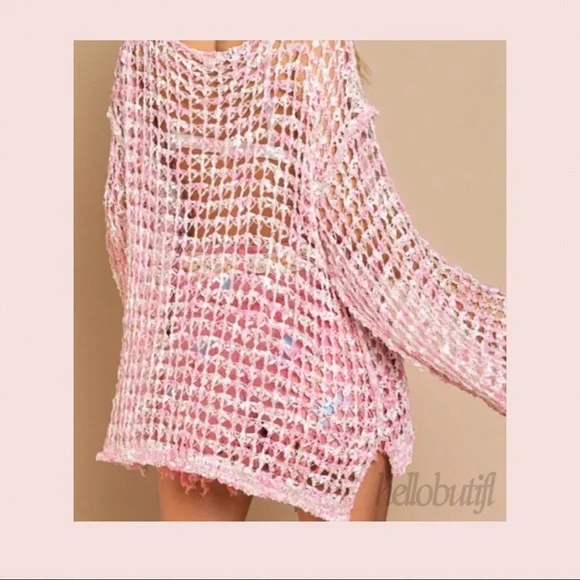 POL Pink Cream Fishnet Sweater Loose Knit Fishnet Tunic Sweater - Picture 9 of 14